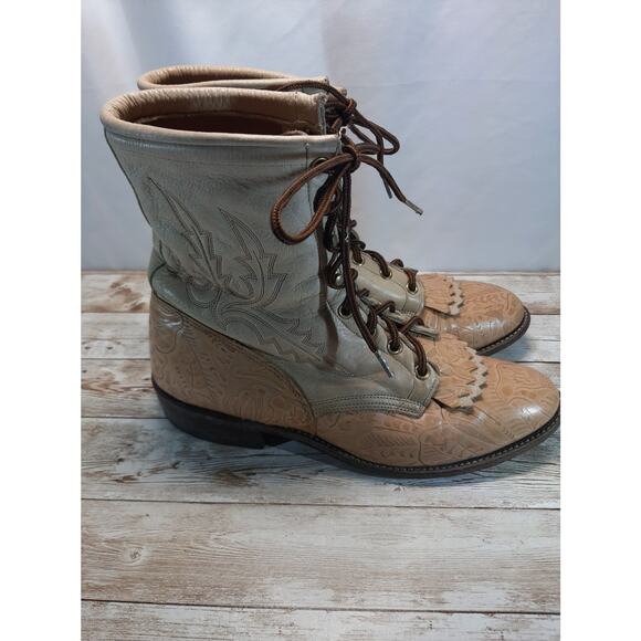 VTG Larry Mahan Tan Tooled Leather Lace Up Western Boots 9 M Kiltie Boots - Picture 2 of 9